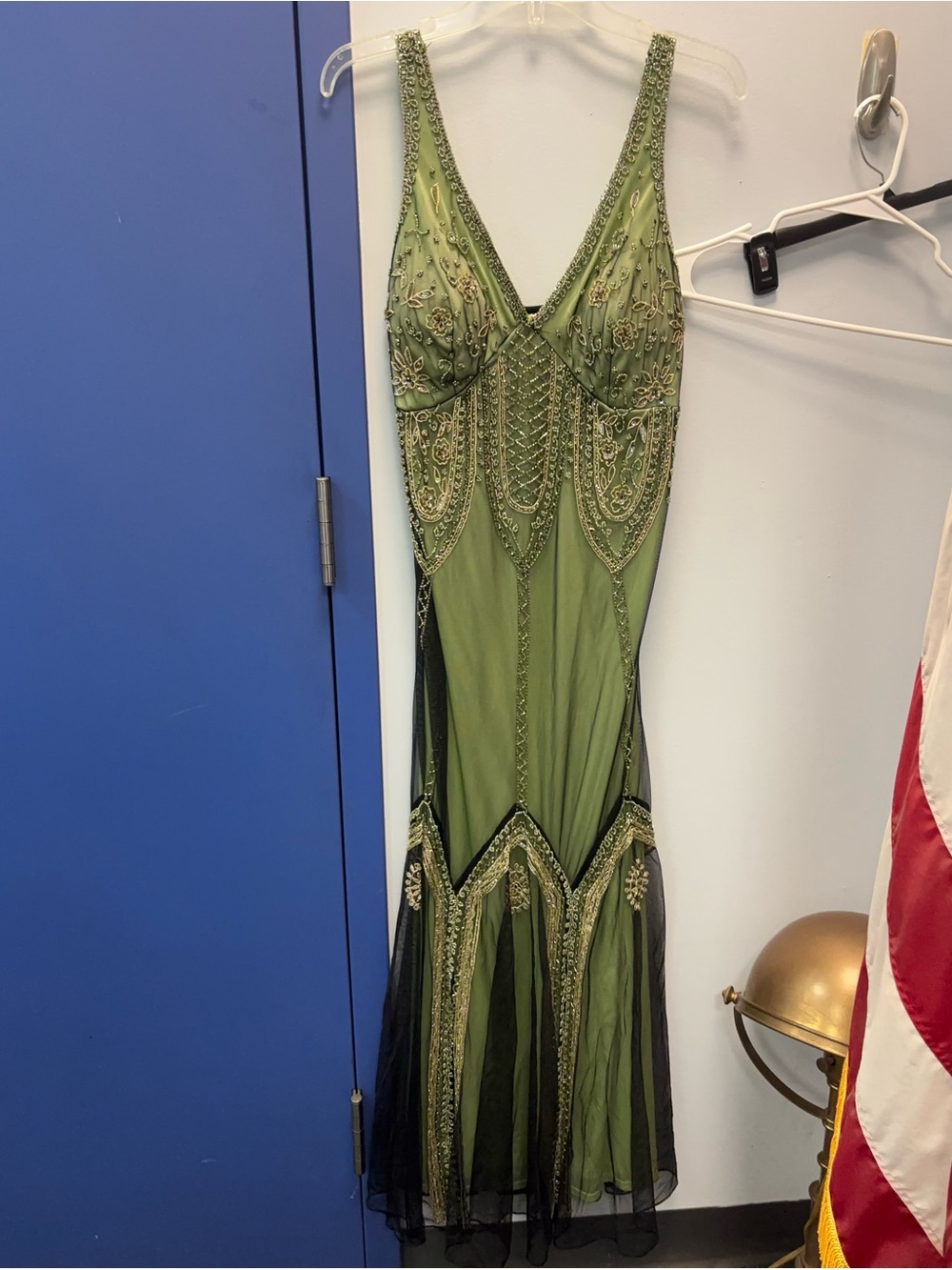 MARINA Olive Green Beaded V‑Neck Evening Gown